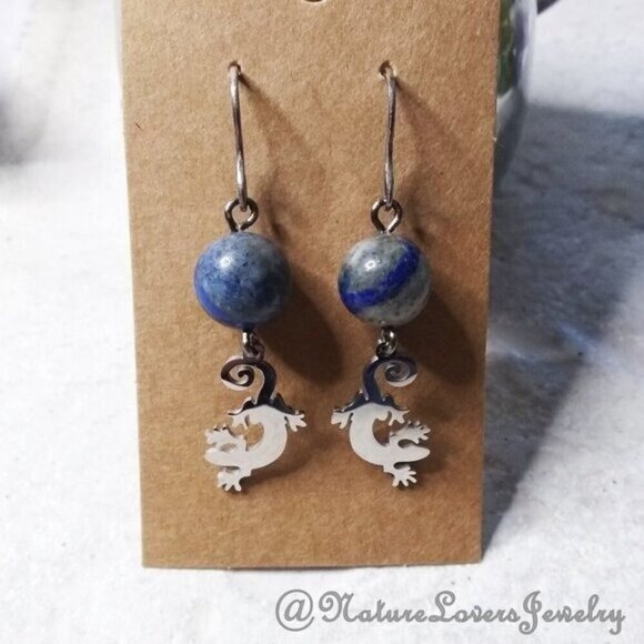 Lapis Lazuli Reptile Earrings | Nature Lover Gift | Reptile Gecko Charm Jewelry - Picture 1 of 7